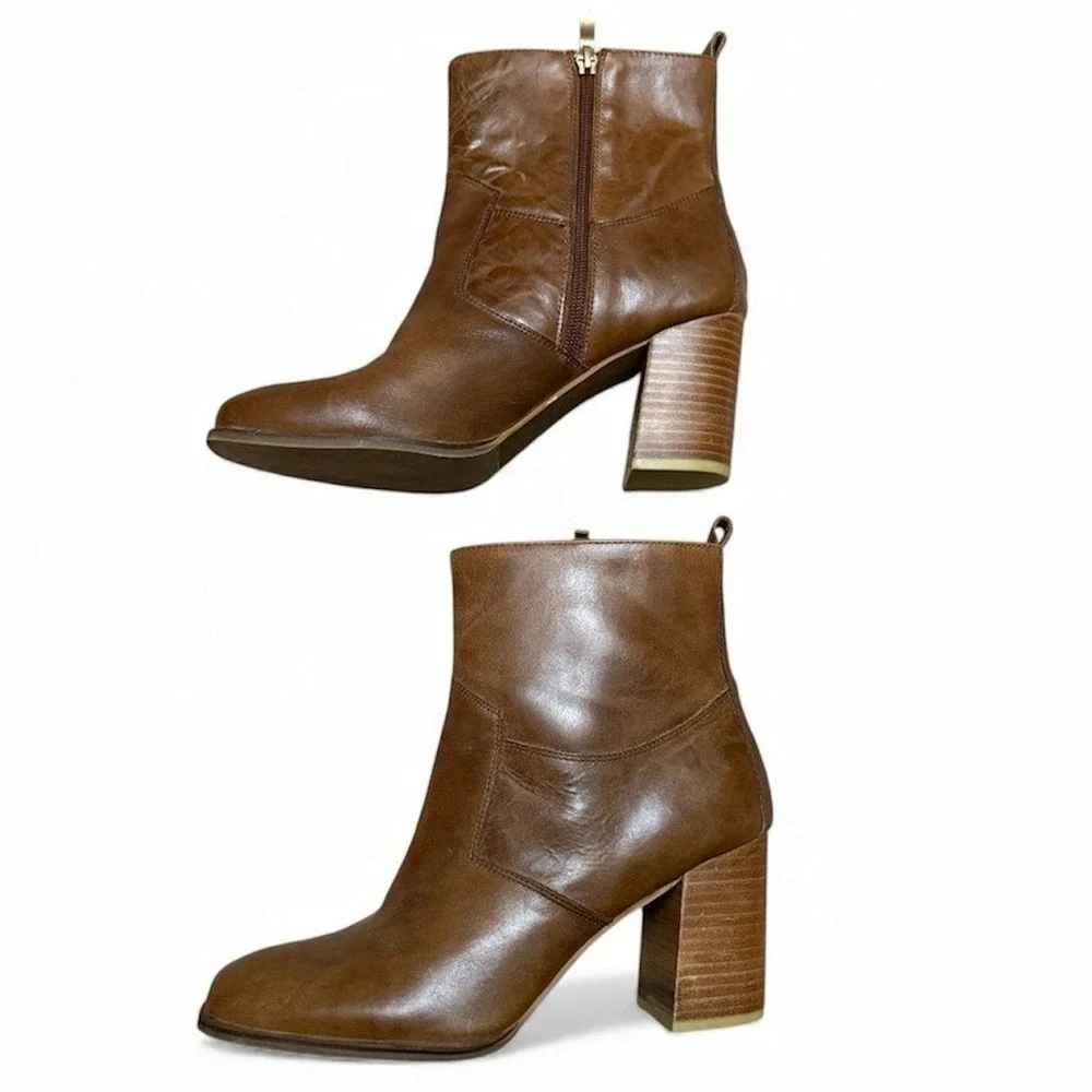 Sbicca Ankle Boots Womens 8.5 Brown Leather Square Toe Block Heel‎ Side Zip